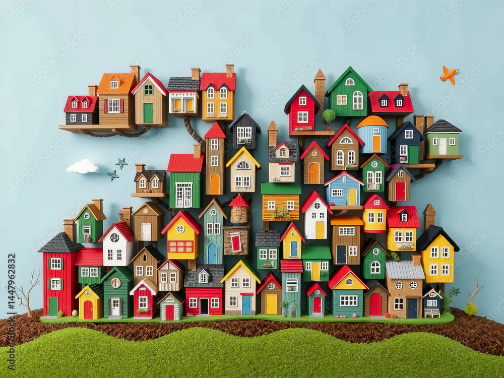 A colorful cityscape made of small houses is displayed on a blue background. The houses are arranged in a way that creates a sense of depth and perspective. Scene is cheerful and playful