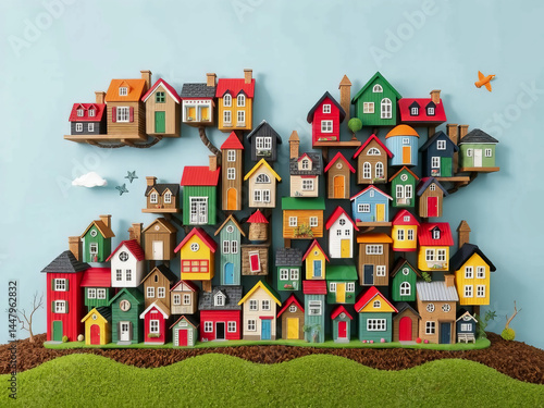 Obraz na płótnie A colorful cityscape made of small houses is displayed on a blue background. The houses are arranged in a way that creates a sense of depth and perspective. Scene is cheerful and playful w salonie