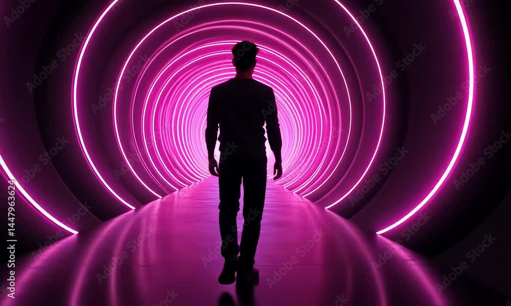 Person walking through neon tunnel Person walking through neon tunnel