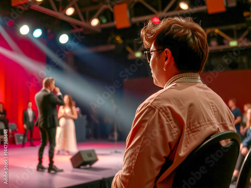 A man in a white shirt sits in a chair in front of a stage. He is watching a performance by a woman and a man