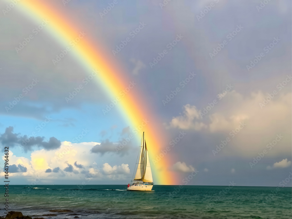 A rainbow is seen in the sky above a sailboat on the ocean. The sailboat is small and white, and it is sailing in the distance. The scene is peaceful and serene