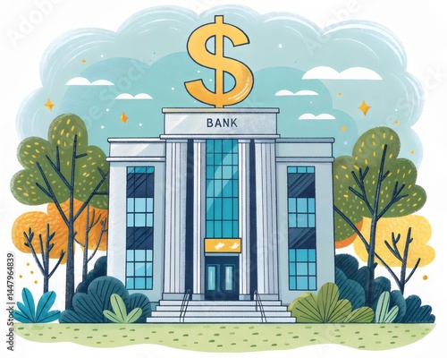 A picturesque illustration of a bank building featuring a prominent dollar symbol