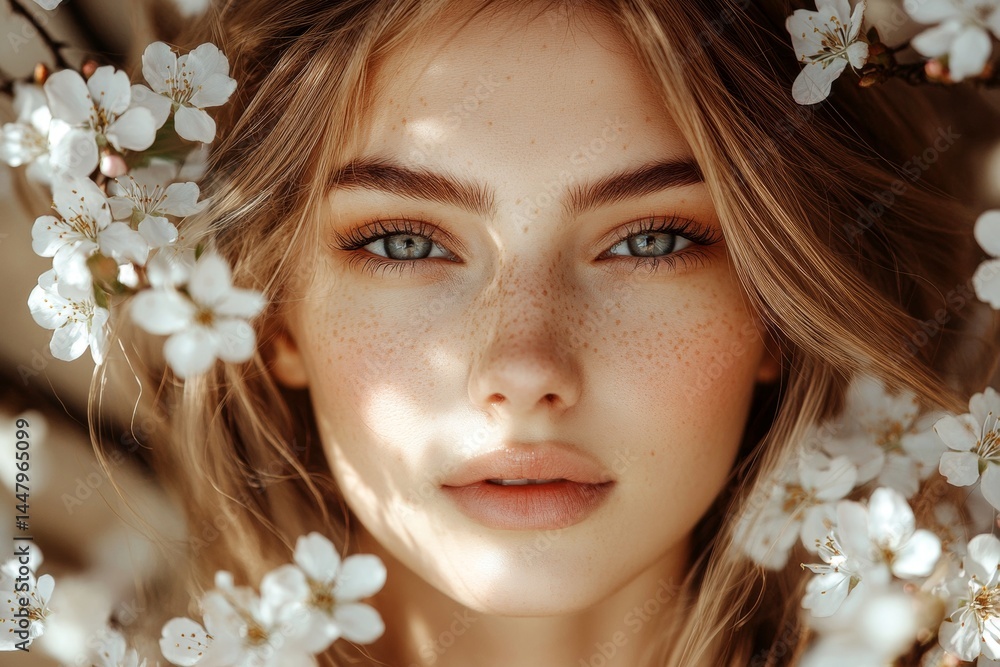 Spring mood, dark night and warm mystic light - complementary lighting. Commercial ad idea. Stunning middle eastern young woman surrounded by cherry blossoms. Woman in colorful spring flowers.