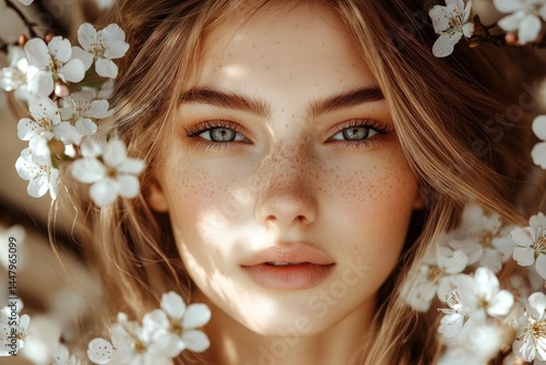 Spring mood, dark night and warm mystic light - complementary lighting. Commercial ad idea. Stunning middle eastern young woman surrounded by cherry blossoms. Woman in colorful spring flowers.