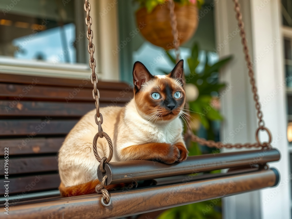 A cat is sitting on a swing, looking out the window. The cat is looking at something outside, but it is not clear what it is. The swing is attached to a wooden bench