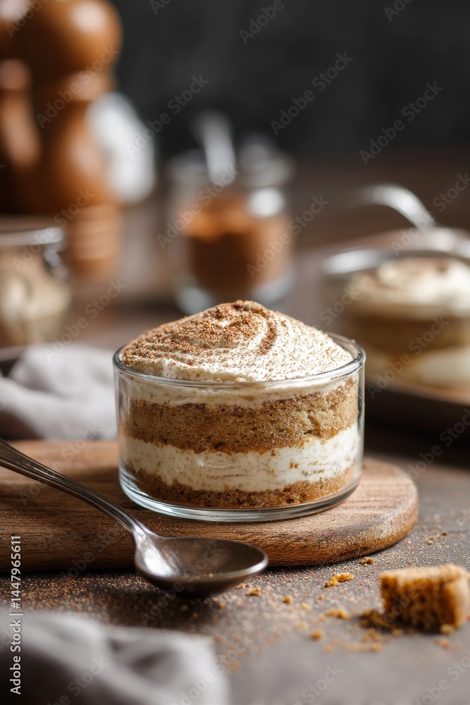 Exquisite tiramisu dessert served in a glass with a spoon, showcasing a delightful food. Exquisite tiramisu dessert served in a glass with a spoon, showcasing a delightful food.