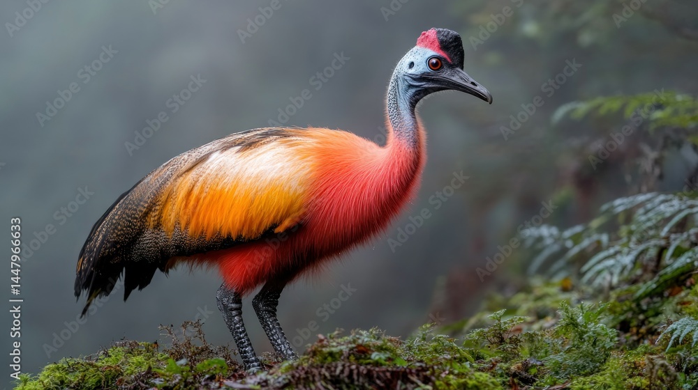Fototapeta premium Vibrant forest bird perched on mossy outcrop