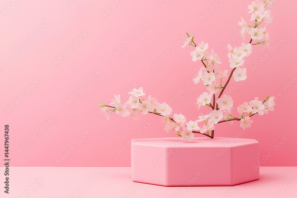 beautifully arranged branch of pink podium of cherry blossoms set against a soft pink background. beautifully arranged branch of pink podium of cherry blossoms set against a soft pink background.