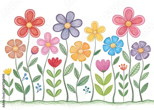 Hand drawn colorful flowers on white background