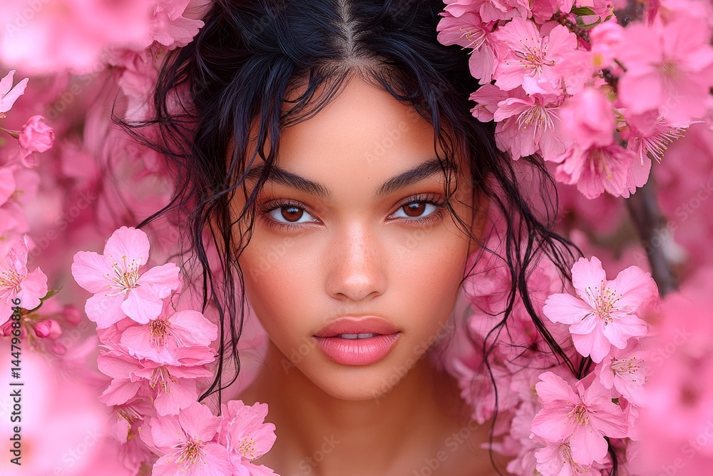 Commercial advertising visual idea. Lovely mixed-race young woman surrounded by cherry blossoms. Spring mood, golden hour in sunset. Spring mood with woman surrounded by flowers.