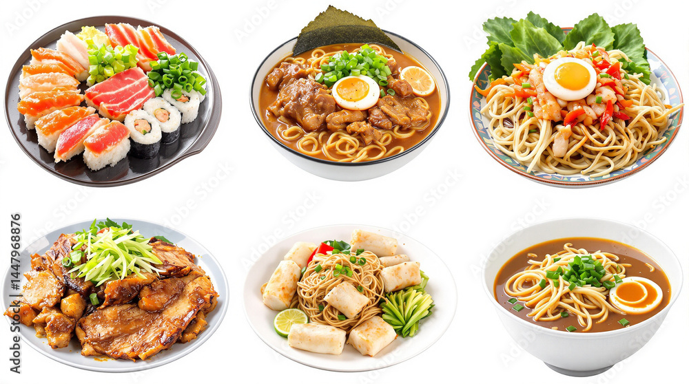 Exquisite Culinary Delights: A captivating top-down assortment of beautifully presented dishes. From fresh sushi to savory ramen, each plate promises a delicious experience. Exquisite Culinary Delights: A captivating top-down assortment of beautifully presented dishes. From fresh sushi to savory ramen, each plate promises a delicious experience.