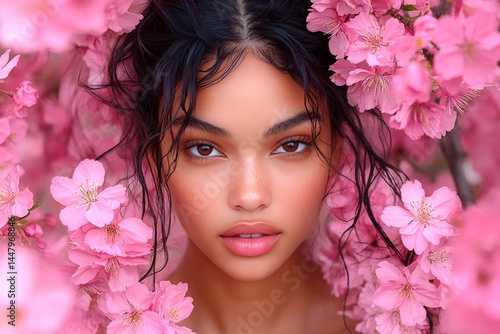 Obraz na płótnie Commercial advertising visual idea. Lovely mixed-race young woman surrounded by cherry blossoms. Spring mood, golden hour in sunset. Spring mood with woman surrounded by flowers. w salonie