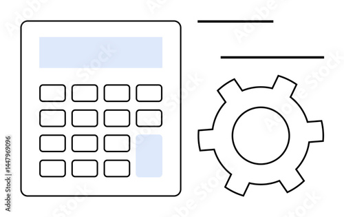 Calculator with numeric keypad next to gear icon, symbolizing finance, optimization, and automation. Ideal for accounting, business strategy, process management, and a simple landing page