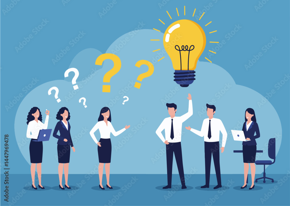 Illustration of a diverse business team brainstorming around a glowing light bulb, symbolizing collaboration, creativity, problem-solving, and idea generation in a professional office environment. Illustration of a diverse business team brainstorming around a glowing light bulb, symbolizing collaboration, creativity, problem-solving, and idea generation in a professional office environment.