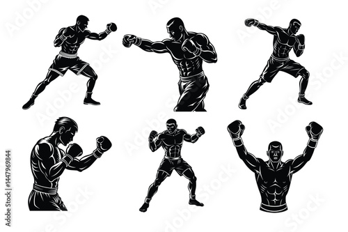  Set of Powerful Boxing vector Silhouette