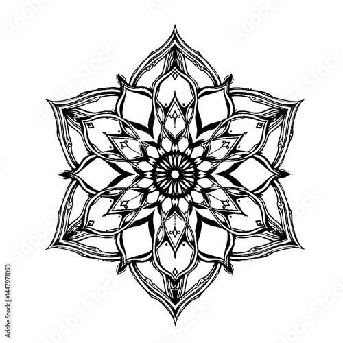 Intricate geometric mandala or six petal flower pattern. Detailed black and white line art vector illustration with complex symmetrical design for decoration or spiritual themes