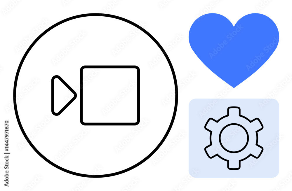 Video camera icon in circle, blue heart, and gear symbol. Ideal for media, settings, streaming, technology, user engagement, online tools and simple landing page Video camera icon in circle, blue heart, and gear symbol. Ideal for media, settings, streaming, technology, user engagement, online tools and simple landing page