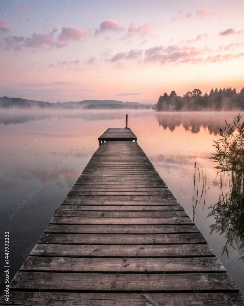 Fototapeta premium Serene sunrise over a foggy lake old wooden dock leading into tranquility nature photography calm waters with soft muted pink tones