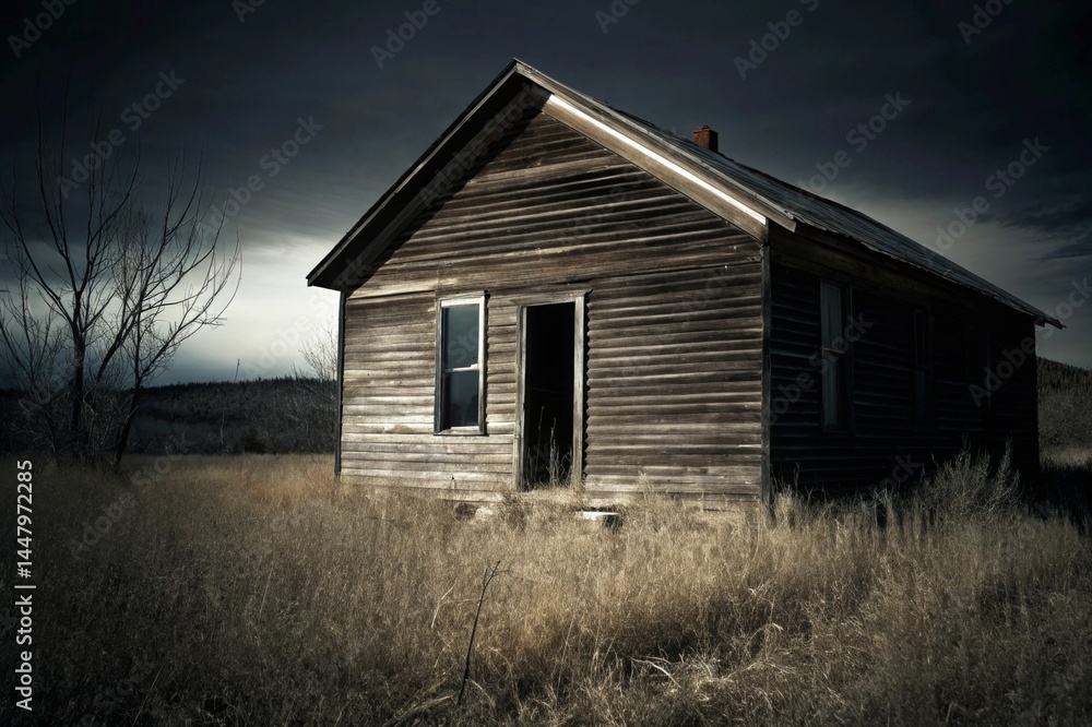 Lonely cabin in overgrown field old wooden structure nostalgic mood under overcast sky nature photography atmospheric landscape Lonely cabin in overgrown field old wooden structure nostalgic mood under overcast sky nature photography atmospheric landscape