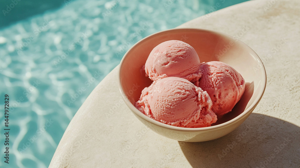 Strawberry ice cream on a beige bowl next to a swimming pool close-up