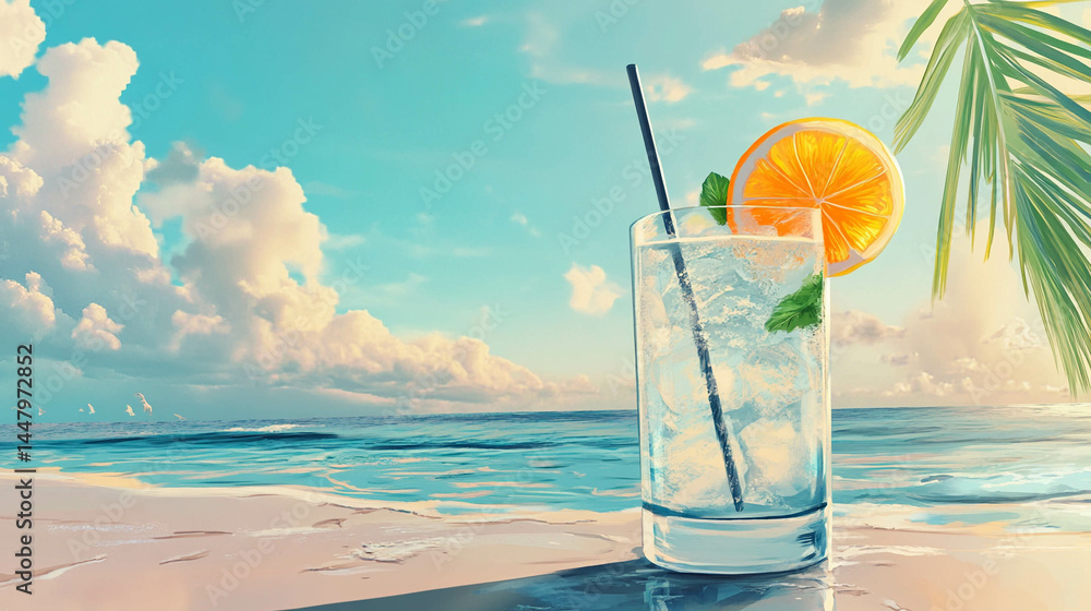 Refreshing summer drink illustration with a paradisiac beach in the background