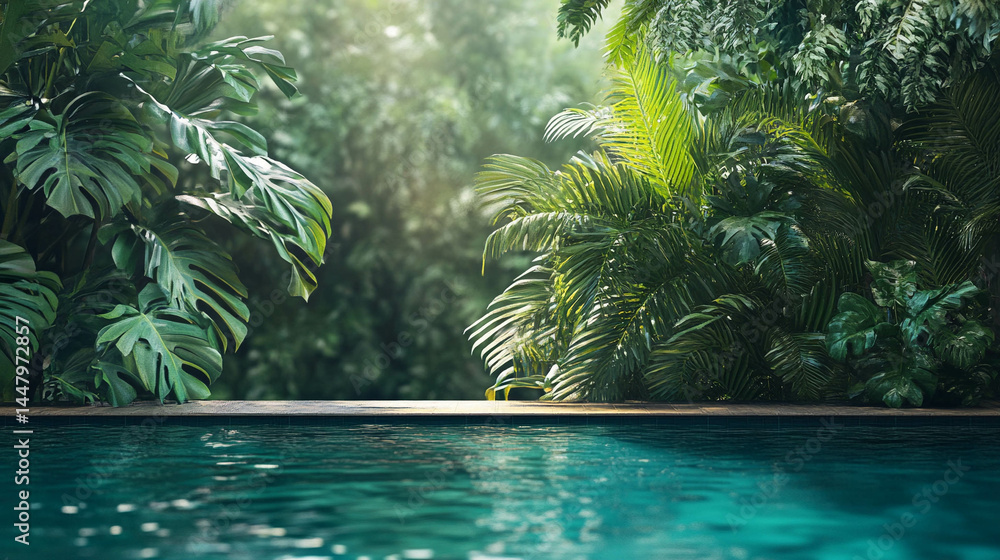 Tropical swimming pool close-up surrounded by greenery