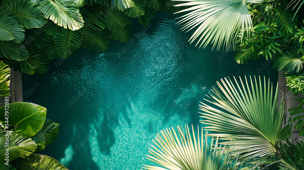 Tropical swimming pool top view surrounded by greenery
