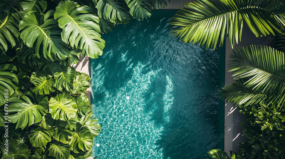 Tropical swimming pool top view surrounded by greenery