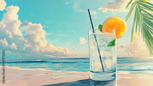 Obraz na płótnie Refreshing summer drink illustration with a paradisiac beach in the background w salonie