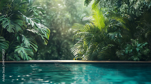Obraz na płótnie Tropical swimming pool close-up surrounded by greenery w salonie