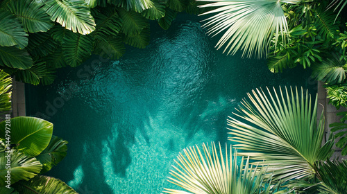Obraz na płótnie Tropical swimming pool top view surrounded by greenery w salonie