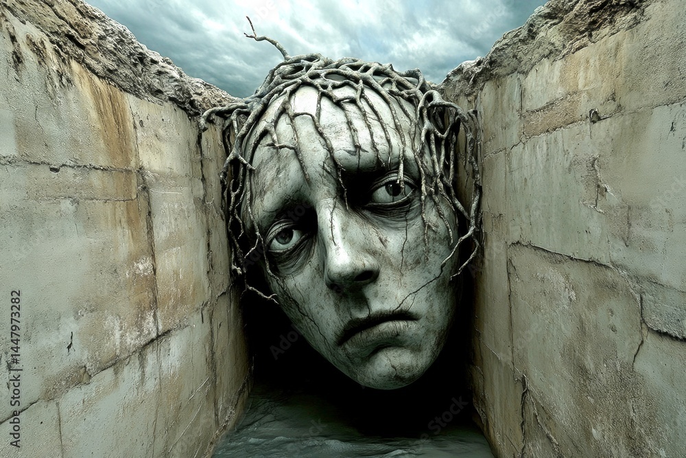 Metaphorical environmental stressors awareness of a loss of pleasure or interest. Environmental stressors - cause of depression: abstract image of mental state. Lost in thoughts. Anxiety reli.