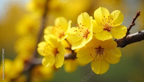 close up of yellow blossoming flowers with petals on tree branches