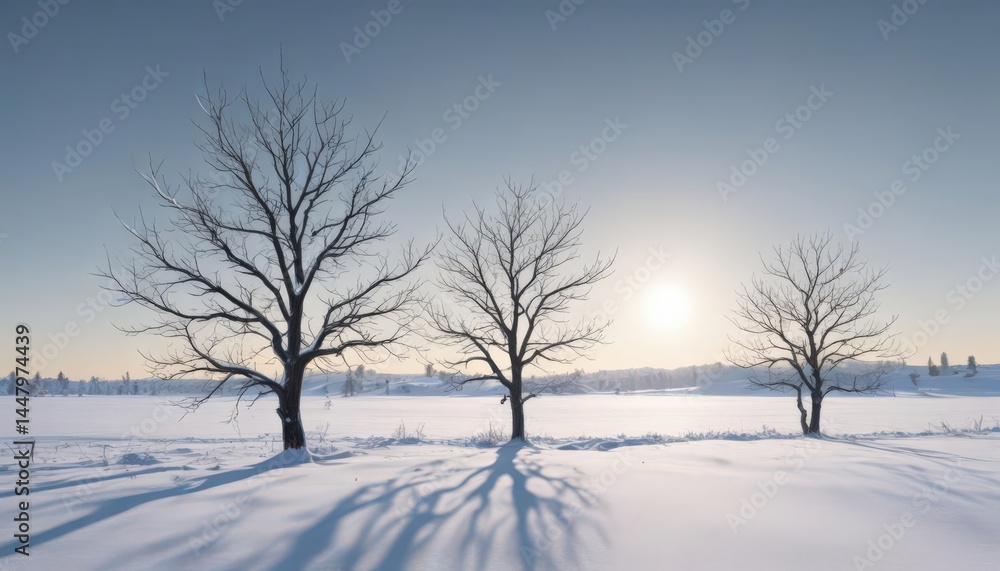 Vast expanse of untouched snow, stark winter branches silhouetted against a clear sky, winter day, silhouette Vast expanse of untouched snow, stark winter branches silhouetted against a clear sky, winter day, silhouette