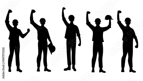 Featuring construction workers with raised fists in celebratory poses