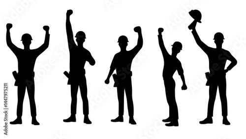 Featuring construction workers with raised fists in celebratory poses