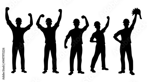 Featuring construction workers with raised fists in celebratory poses