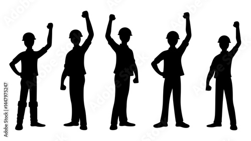 Featuring construction workers with raised fists in celebratory poses