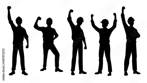 Featuring construction workers with raised fists in celebratory poses