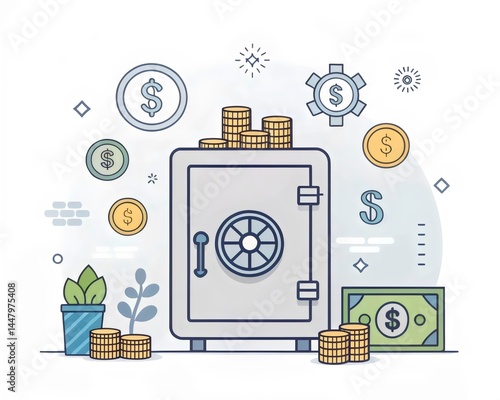 Safe with money and plant. Concept of financial security and growth.