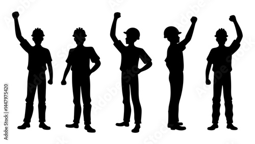 Featuring construction workers with raised fists in celebratory poses