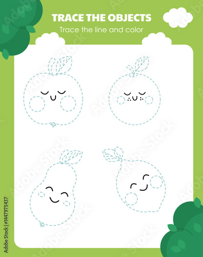 Tasks for children to train their hands for writing with cute fruits. Worksheets in kindergarten