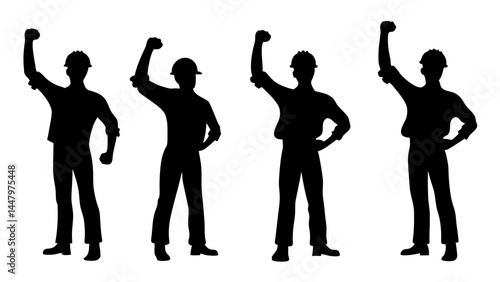 Featuring construction workers with raised fists in celebratory poses