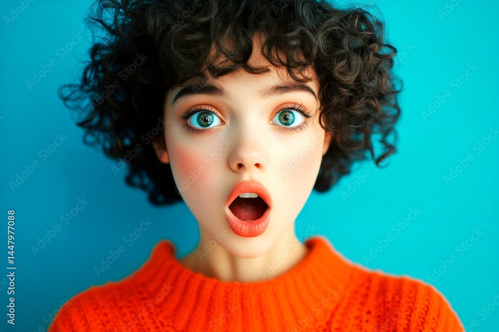 Short coiffure - curly hair. Pretty very astounded mixed-race girl - for ads, advertisement and social platforms use. Commercial promotion creative art. Black beauty style photo. Colored girl.