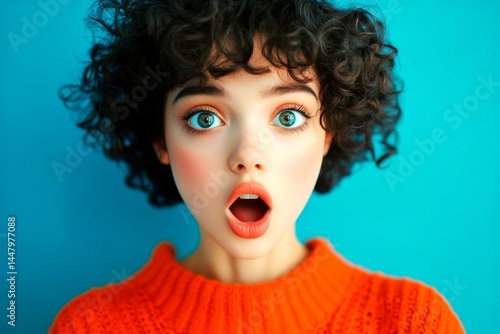 Obraz na płótnie Short coiffure - curly hair. Pretty very astounded mixed-race girl - for ads, advertisement and social platforms use. Commercial promotion creative art. Black beauty style photo. Colored girl. w salonie