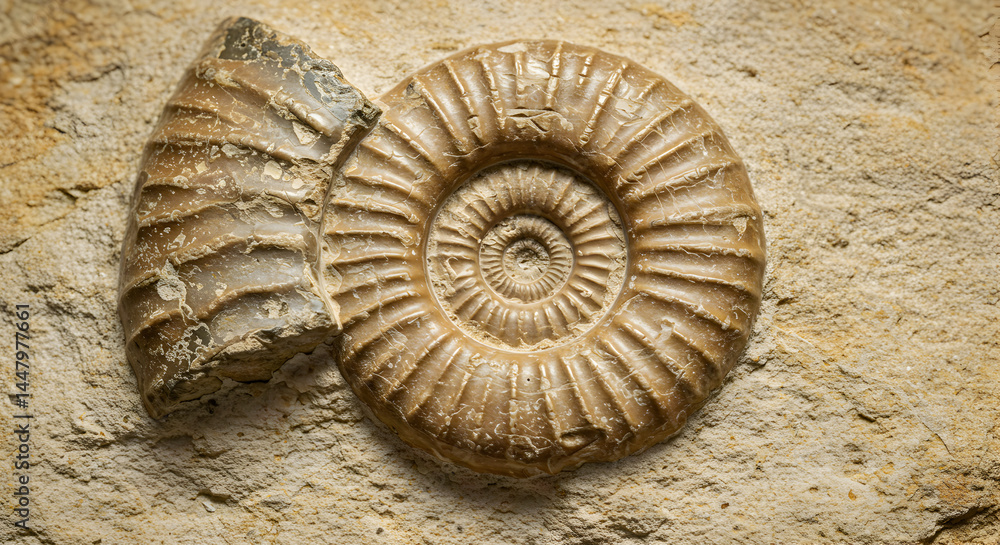 Fossilized Ammonite Shells Displayed on Sandy Surface Under Soft Lighting in Beige Tones Fossilized Ammonite Shells Displayed on Sandy Surface Under Soft Lighting in Beige Tones