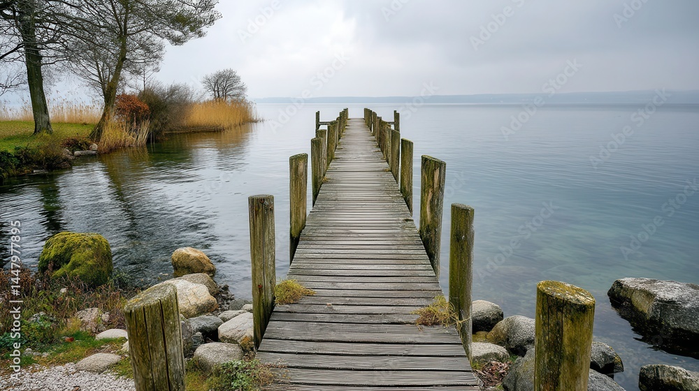 Fototapeta premium Misty Pier Stretching into Calm Sea at Early Morning Light in Serene Landscape