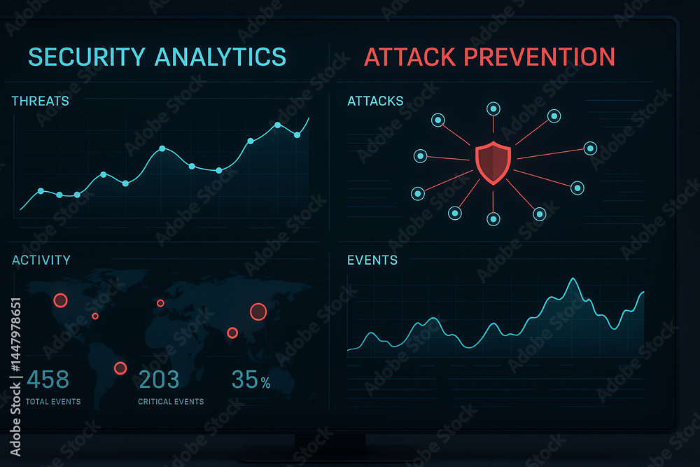 A detailed visualization of security analytics showcasing threats, activity levels, and attack prevention strategies displayed on a dark-themed digital dashboard.