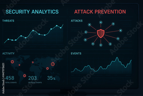 Obraz na płótnie A detailed visualization of security analytics showcasing threats, activity levels, and attack prevention strategies displayed on a dark-themed digital dashboard. w salonie