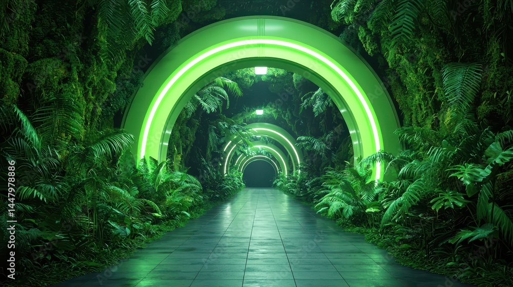 Green Transport Tunnel Cross Section with Futuristic Design and Lush Flora Green Transport Tunnel Cross Section with Futuristic Design and Lush Flora